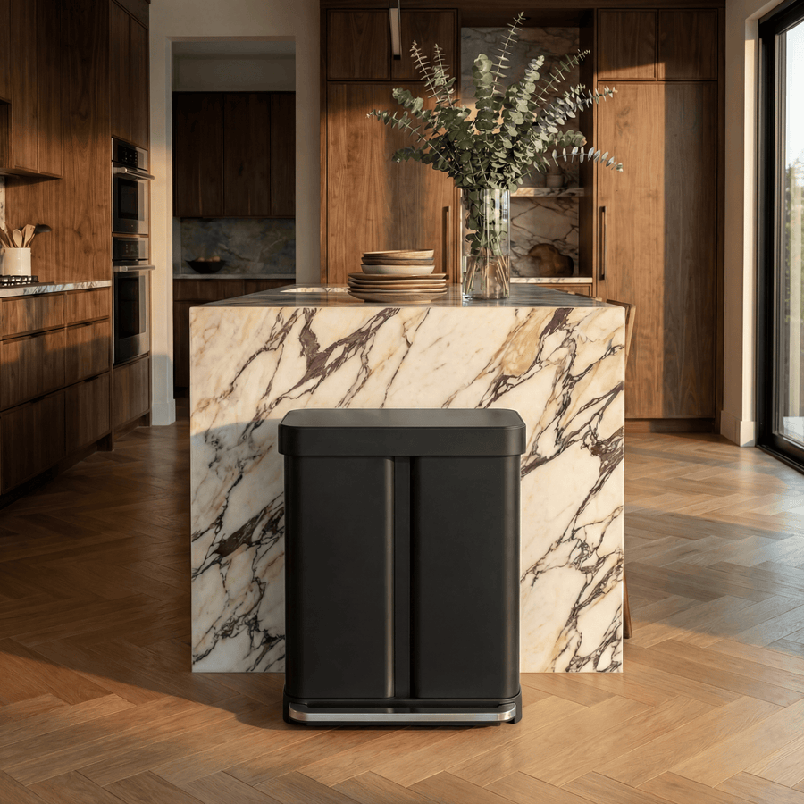 Simplehuman's 58L Step Recycler in Brushed featuring a marble counter top with plants and dishes on top and wooden cabinets in the background with warmer mood lighting.