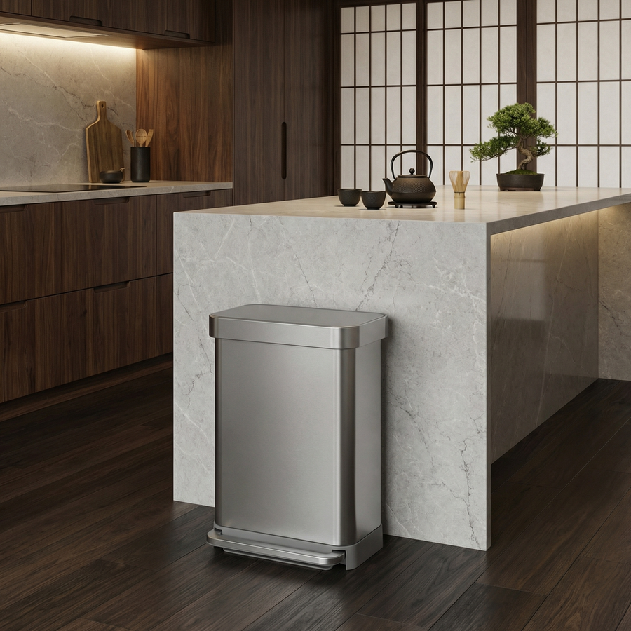 Simplehuman's 55L Step Can in Brushed in an oriental setting with marble countertops and wooden and bamboo appliances in the background featuring a miniature bonsai tree. 