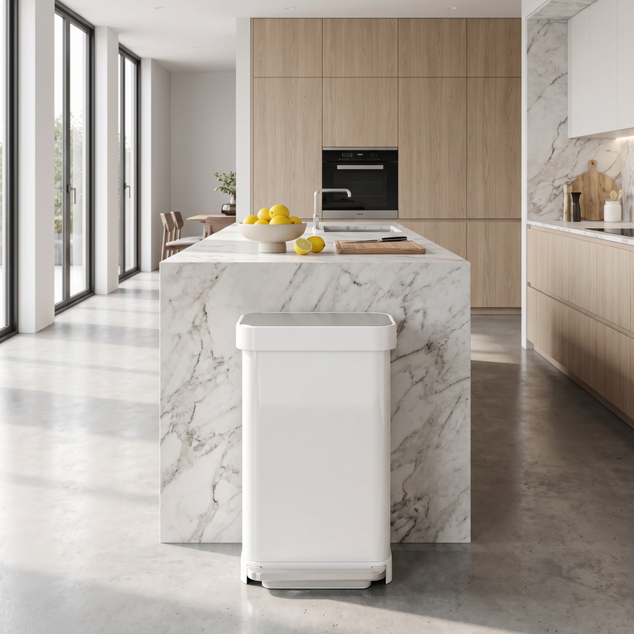 Simplehuman's 45L Rectangular Step Can in a modern kitchen setting with natural light, marble countertops, and wooden cabinets.