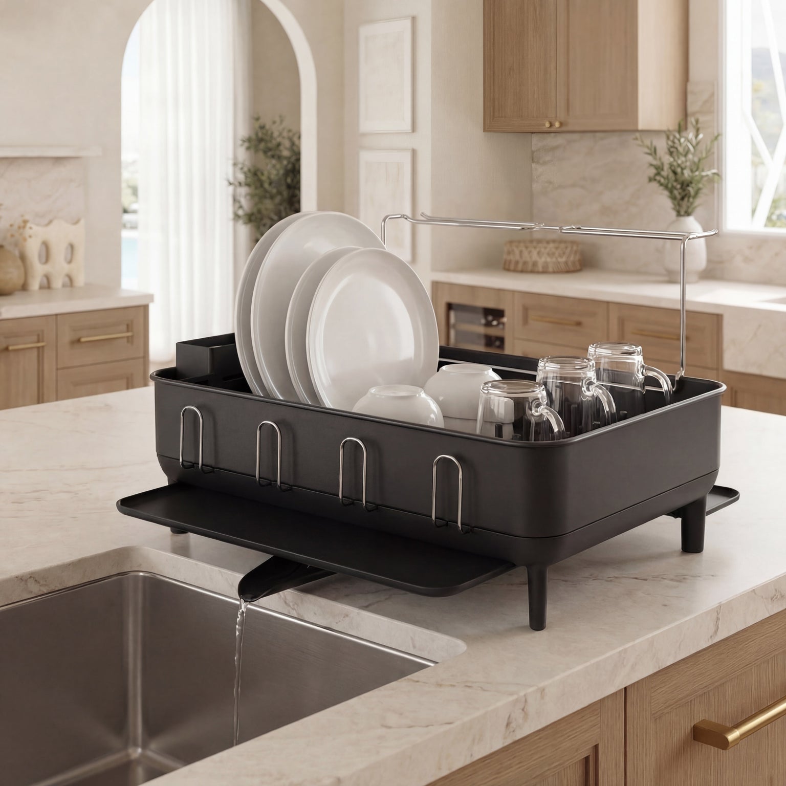 Simplehuman's Standard Dishrack in Matte Black filled with dishes, bowls with water emptying into the sink.