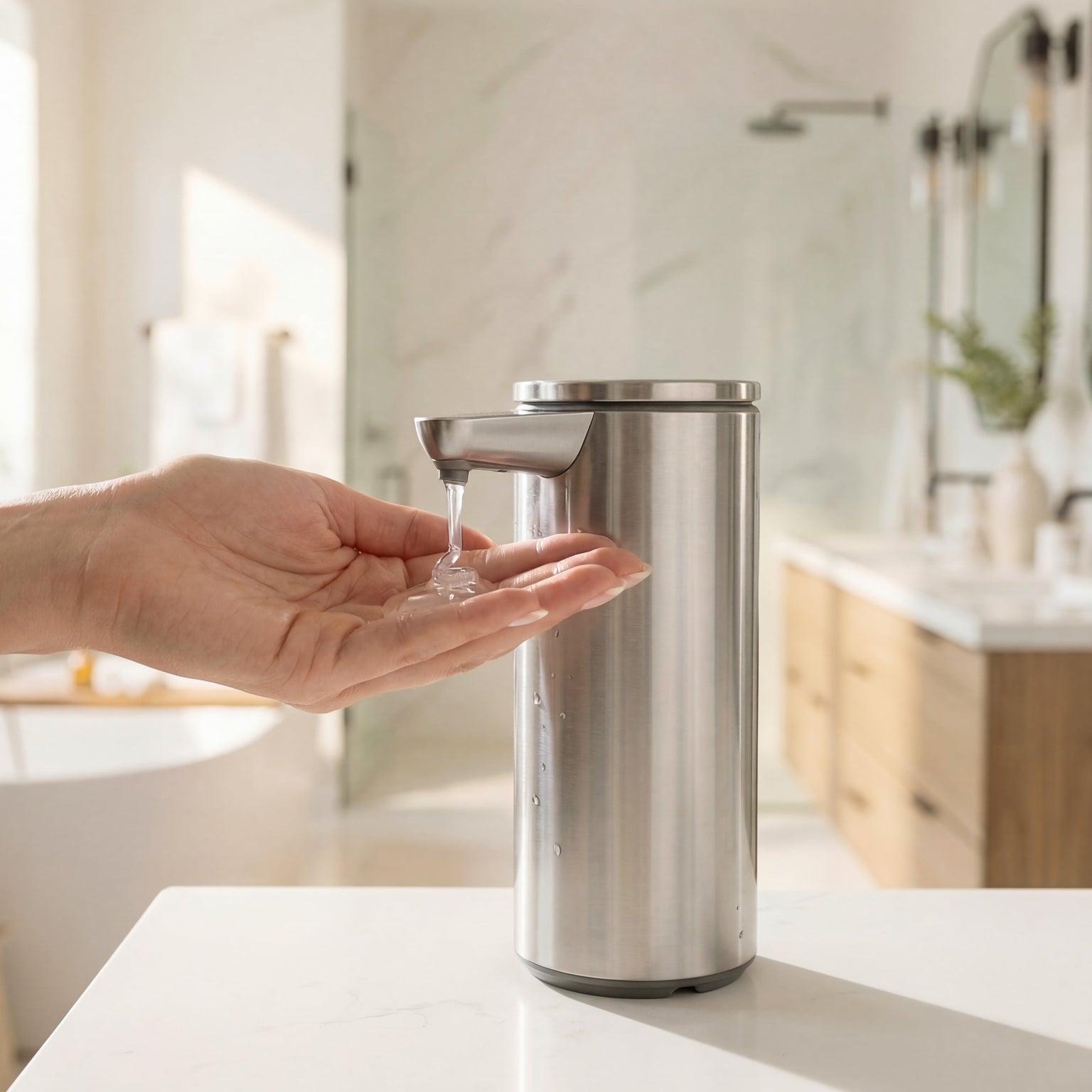 Simplehuman's Sensor Pump in Brushed in a well-lit bathroom setting with countertop and bath in the background.