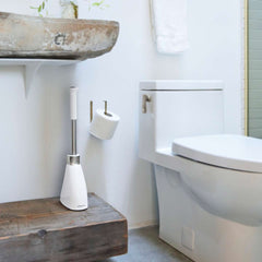 toilet brush - white plastic - lifestyle in bathroom on shelf